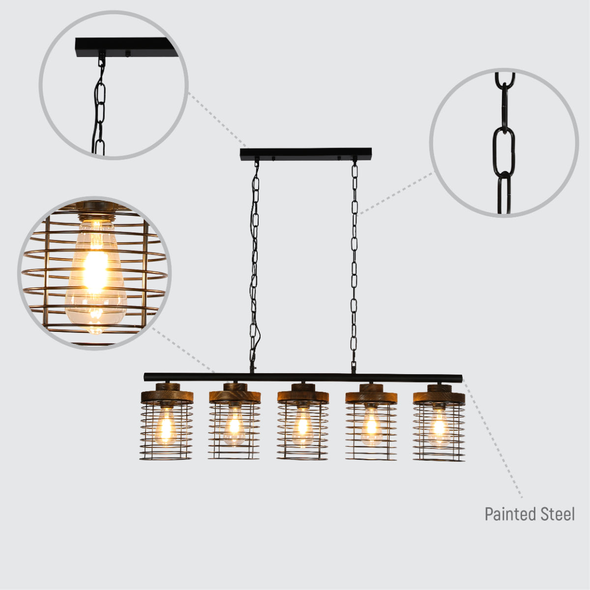 Lámpara colgante industrial con 5 pantallas tipo jaula, ideal para comedores con estilo rústico y moderno. Accentúa el espacio con elegancia.