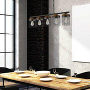 Lámpara colgante industrial con jaula rectangular y cinco pantallas, perfecta para comedores con estilo rústico y moderno.