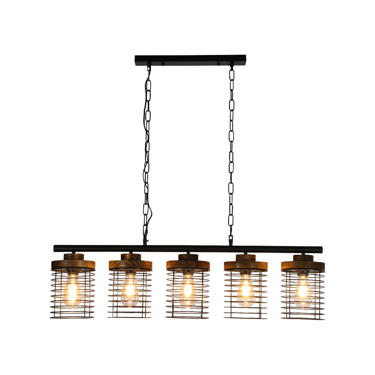 Lámpara colgante industrial de jaula rectangular con cinco pantallas, perfecta para comedores con estilo rústico moderno y acentos de madera.
