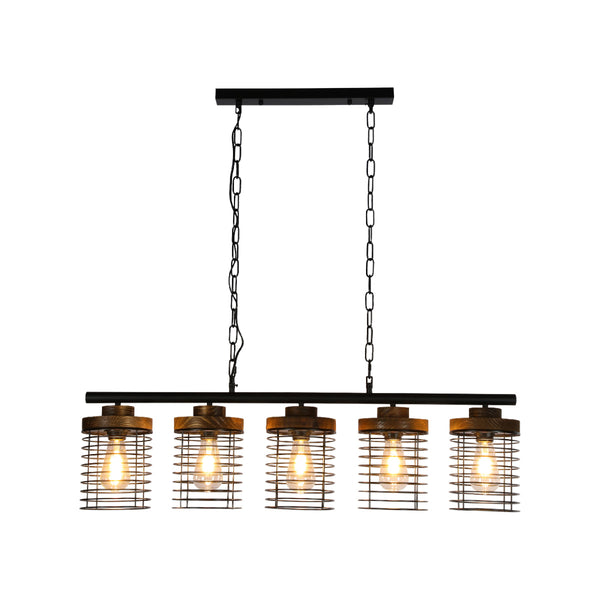 Lámpara colgante industrial de jaula rectangular con cinco pantallas, perfecta para comedores con estilo rústico moderno y acentos de madera.