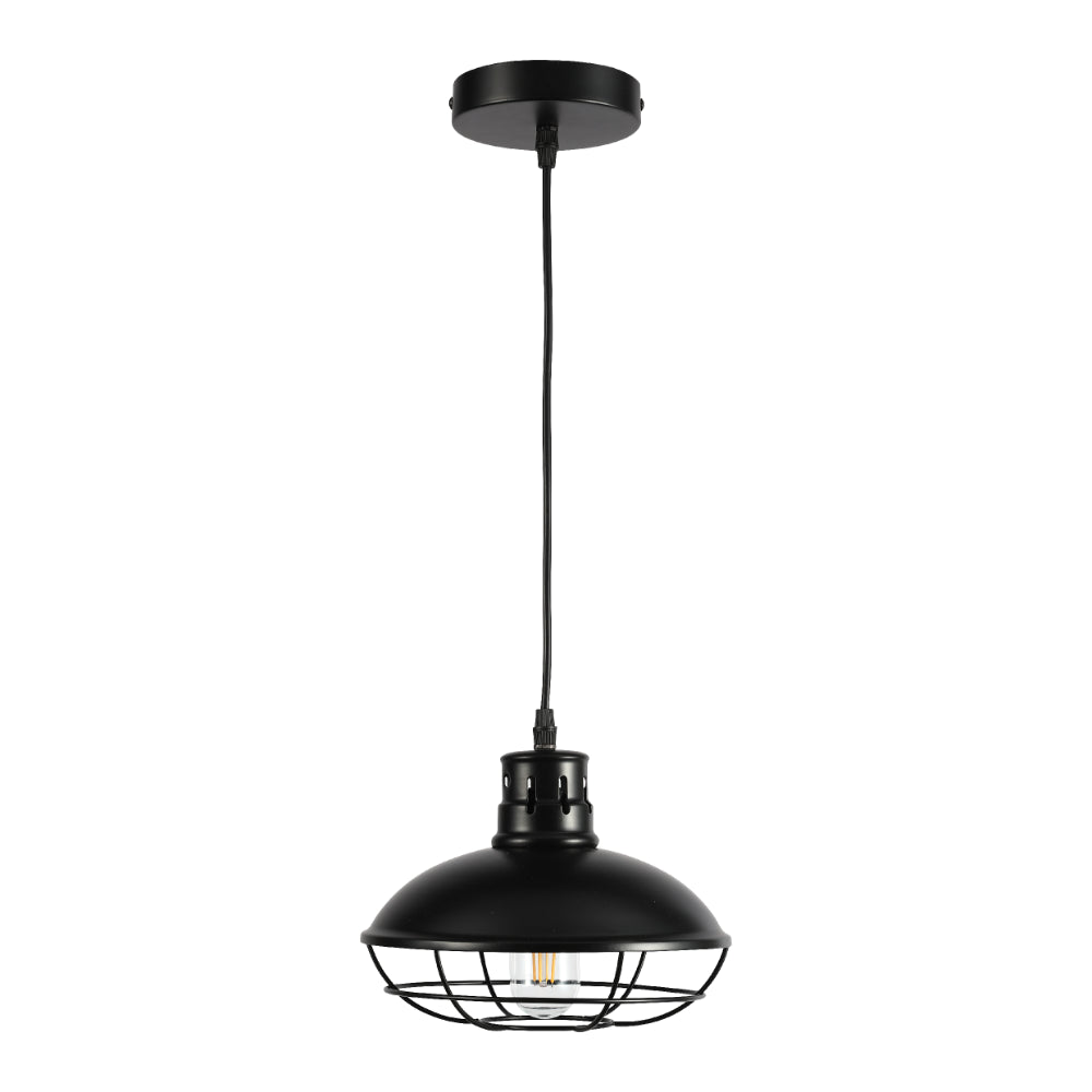 Iluminación de techo de diseño industrial con estructura de metal negro, ideal para comedores y espacios de estilo urbano.