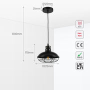 Luz colgante de estilo industrial con jaula en negro, perfecta para comedores con decoración moderna y toques vintage.