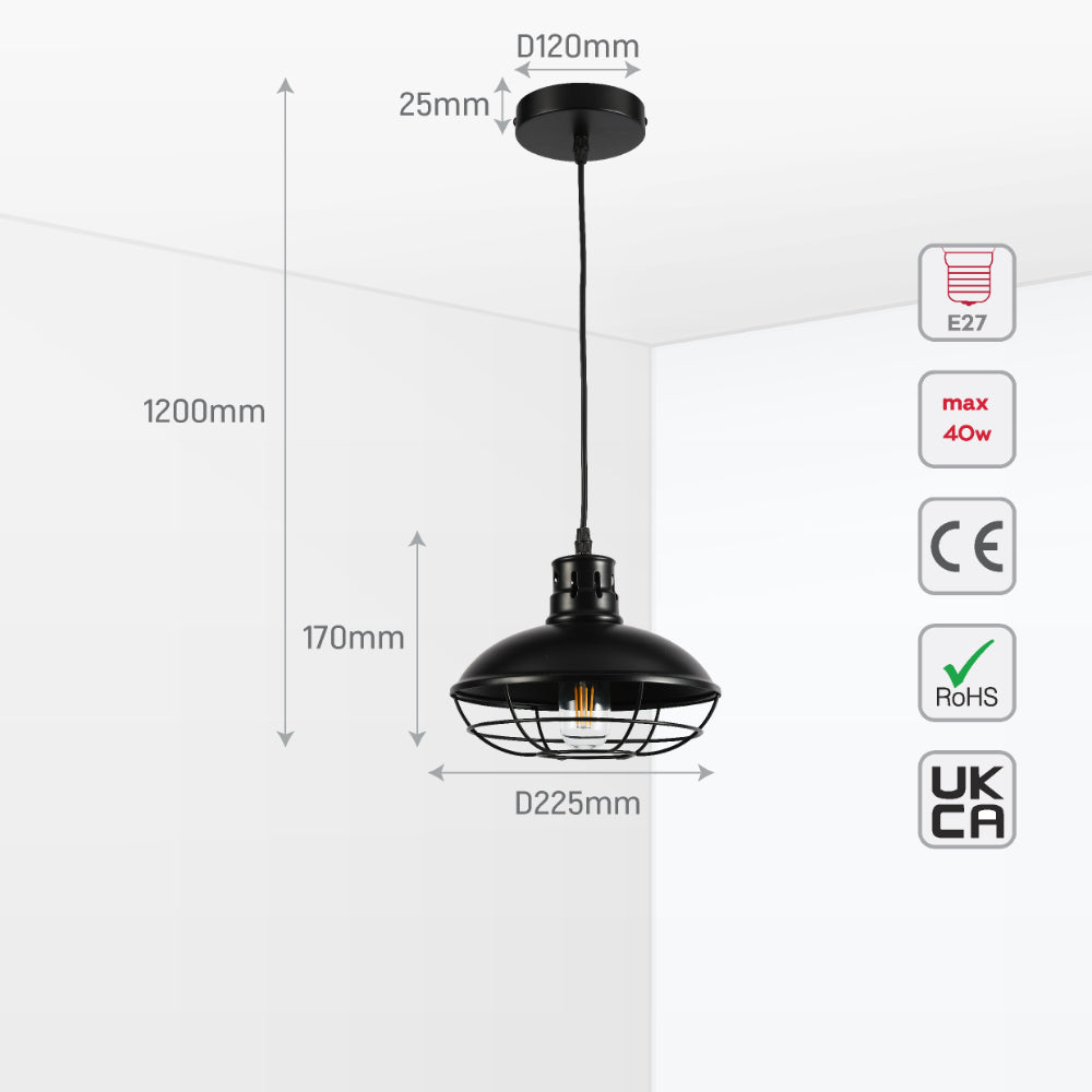 Luz colgante de estilo industrial con jaula en negro, perfecta para comedores con decoración moderna y toques vintage.