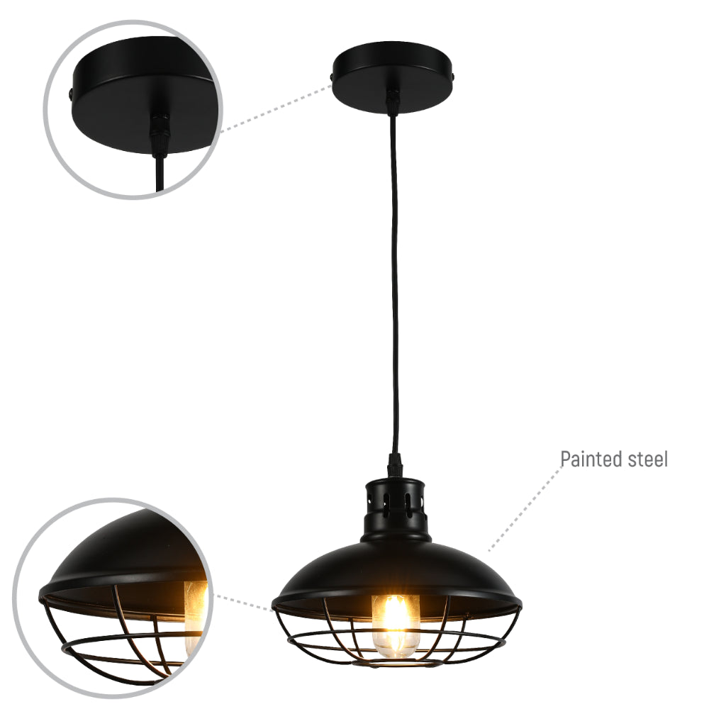 Lámpara colgante de estilo industrial con jaula negra, ideal para oficinas o comedores modernos, ofreciendo un toque urbano y elegante.
