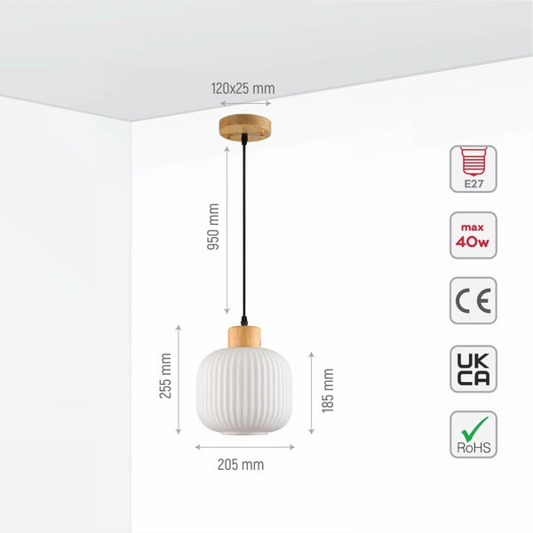 Size and specs of Sawyer Ribbed Fluted Reeded Maloto Lantern Opal Glass Pendant Ceiling Light E27 Wood Top | TEKLED 150-18710