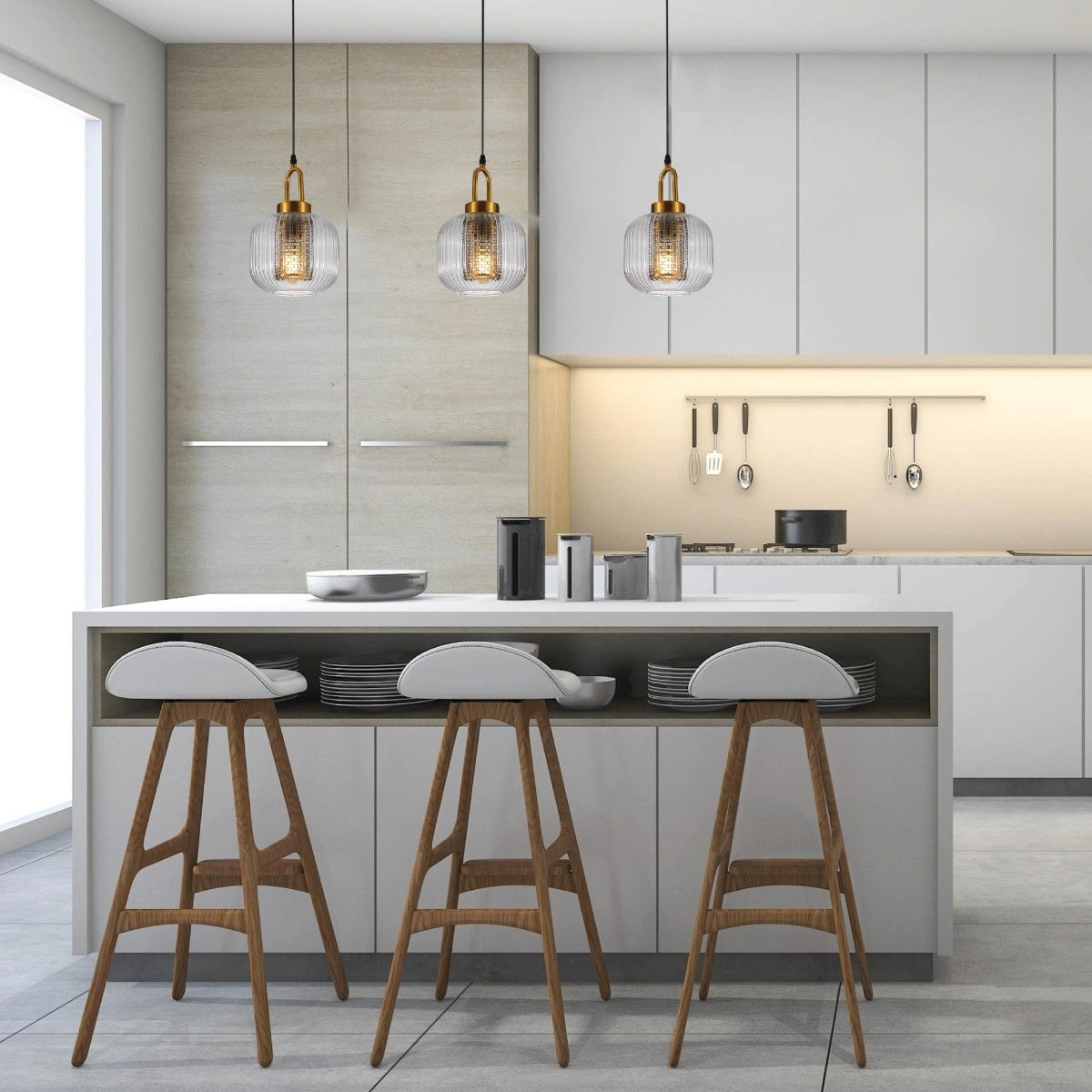 On top of Kitchen Island  usage of Sawyer Ribbed Fluted Reeded Maloto Lantern Clear Glass Pendant Ceiling Light E27 Gold Handled  | TEKLED 150-18702