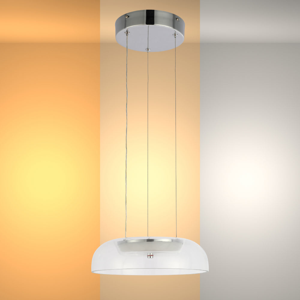 Lámpara colgante minimalista de vidrio, ideal para comedores modernos, con acabado en cromo y opción de cambio de temperatura de color.