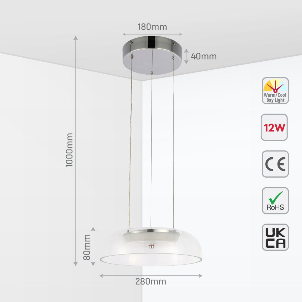 Lámpara colgante de vidrio minimalista con acabado cromo, perfecta para espacios modernos como cocinas o comedores.