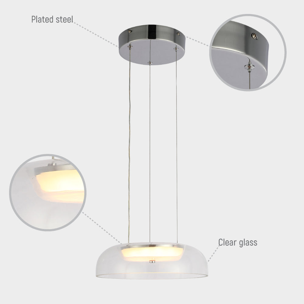 Luz colgante de vidrio minimalista en cromo, perfecta para espacios modernos como comedores o salas de estar con decoración contemporánea.