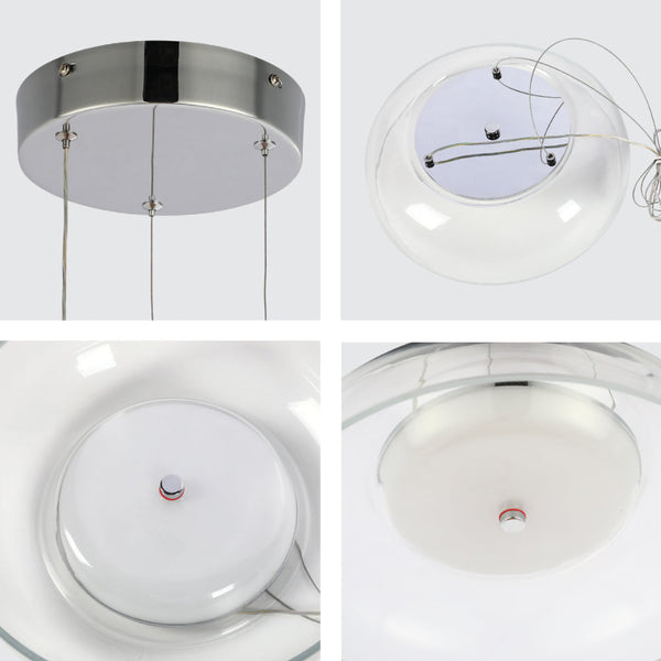 Imagen principal de una lámpara colgante de vidrio minimalista en cromo, perfecta para espacios modernos como comedores o salas de estar.