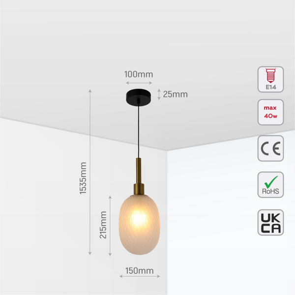 Luz colgante elipsoidal opalescente con detalles dorados, ideal para espacios contemporáneos y elegantes como comedores o salas.
