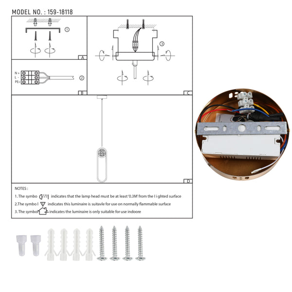 Dibujo técnico de la lámpara colgante LED Farrah Moon Pearl, mostrando dimensiones e instrucciones de instalación para decoración moderna.