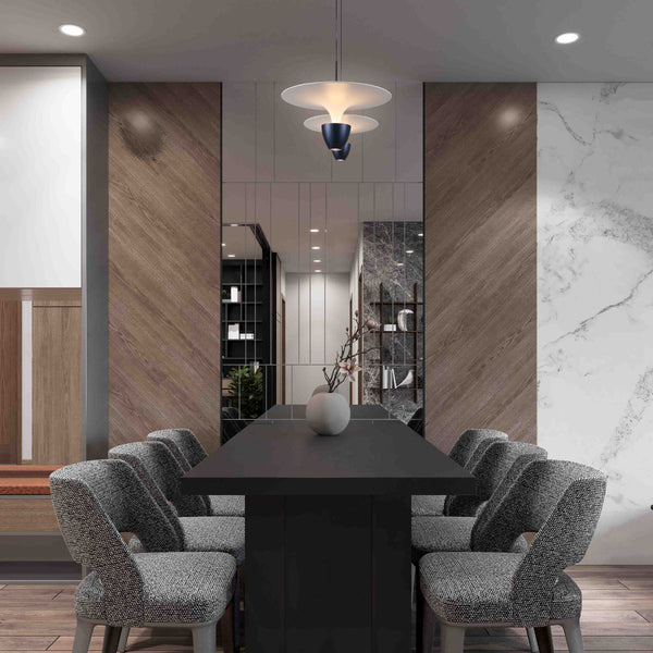 Lámpara colgante de diseño moderno en una sala de estar elegante, perfecta para crear un ambiente acogedor y contemporáneo.