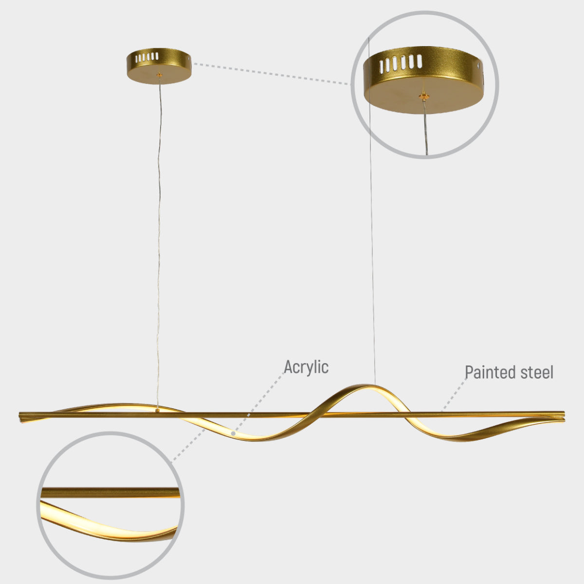 Luz colgante LED en forma de ola moderna, perfecta para comedores con decoración contemporánea. Diseño elegante y sofisticado.