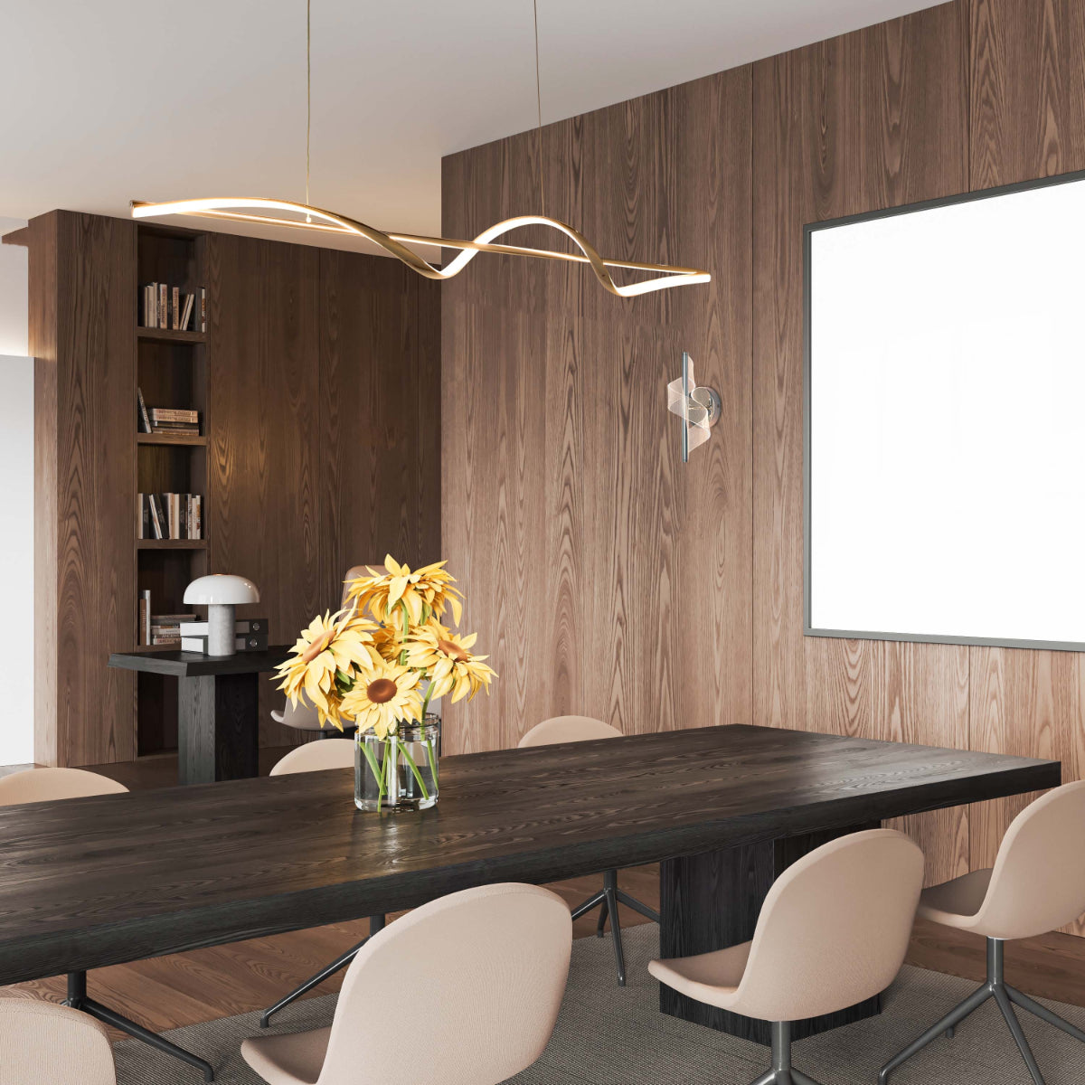 Luz de colgar LED Infinity Wave, ideal para comedores modernos, aportando un toque elegante y contemporáneo al ambiente.