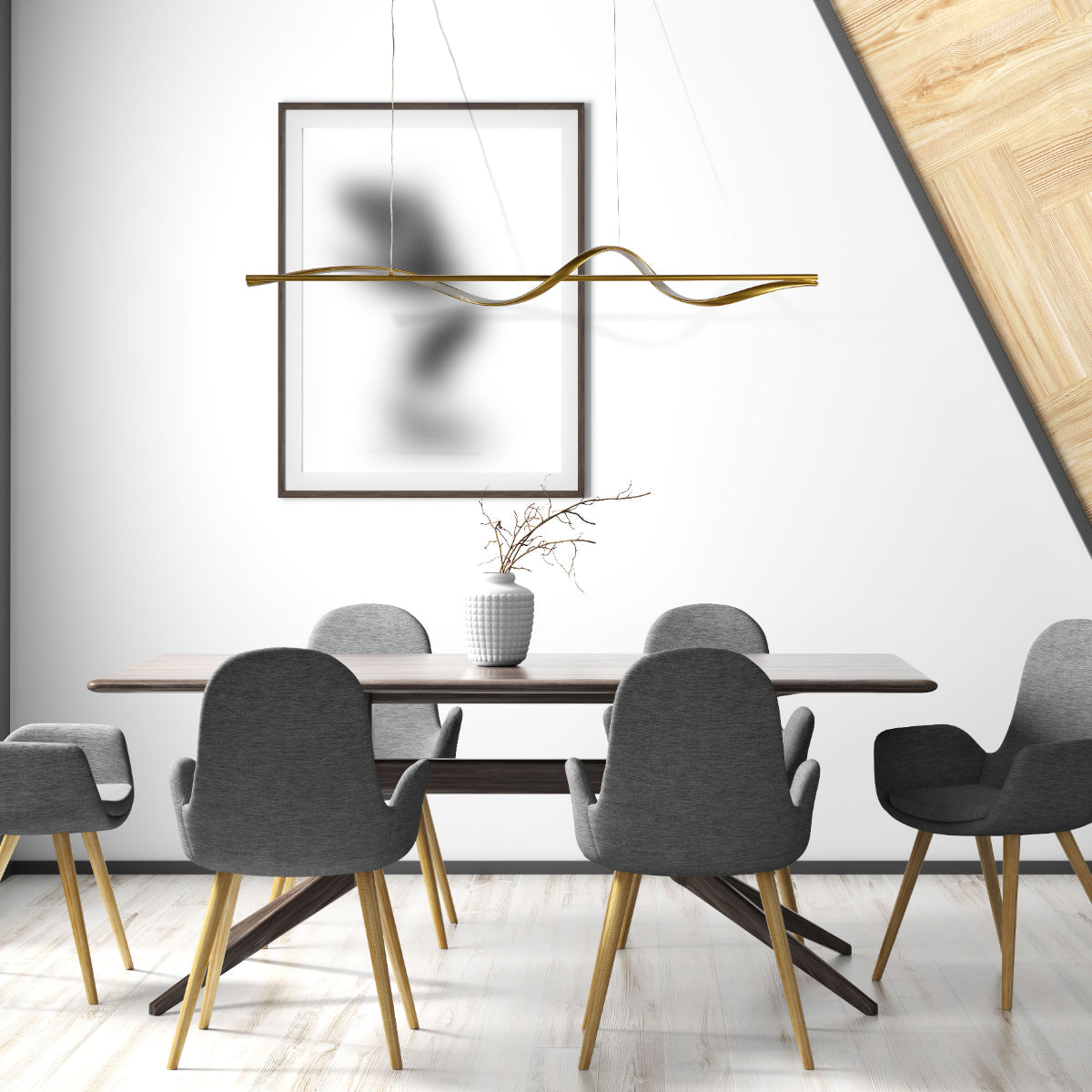 Lámpara colgante LED en forma de onda infinita, perfecta para salones modernos y espacios contemporáneos.