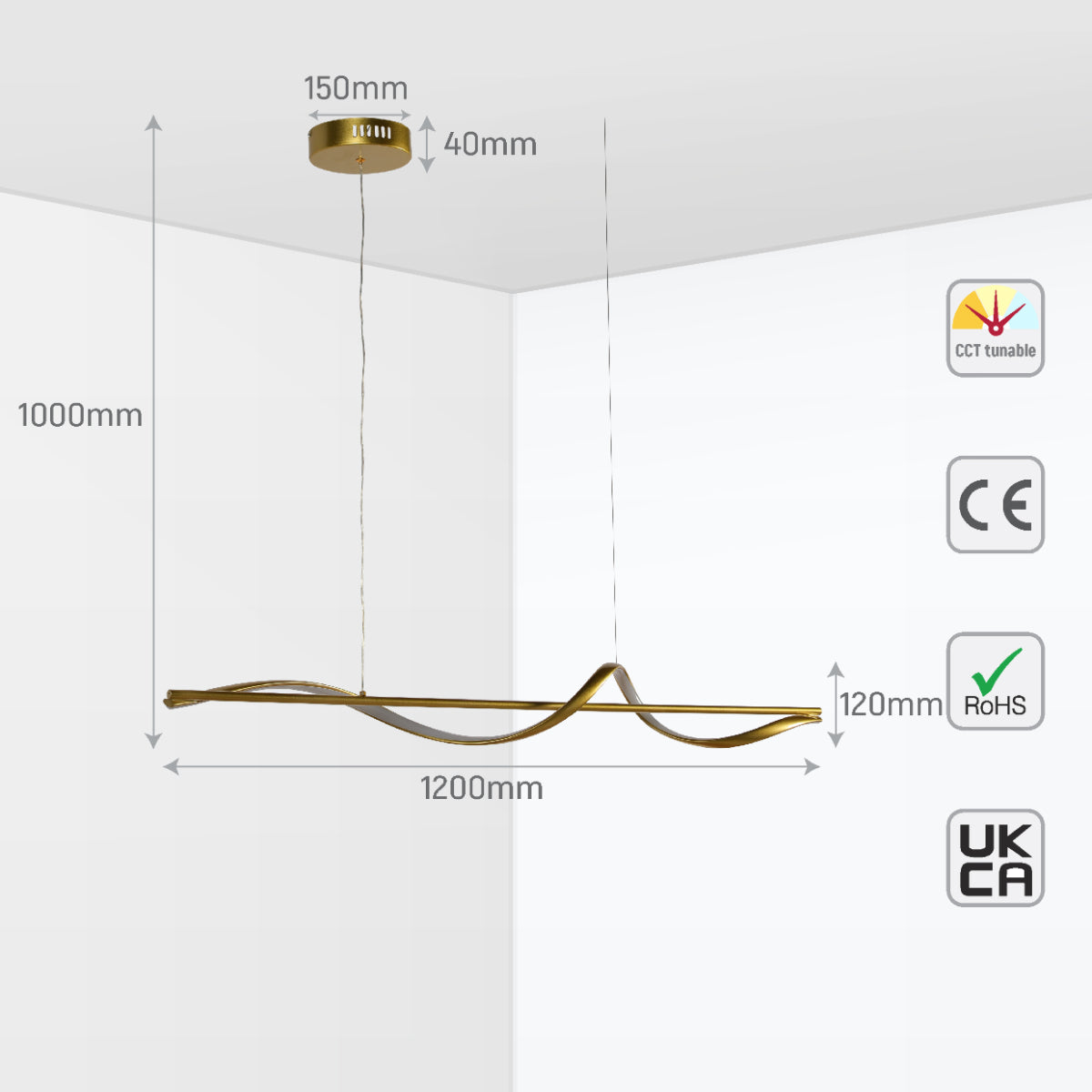 Luz colgante LED con diseño moderno en forma de ola, ideal para comedores con estilo contemporáneo.