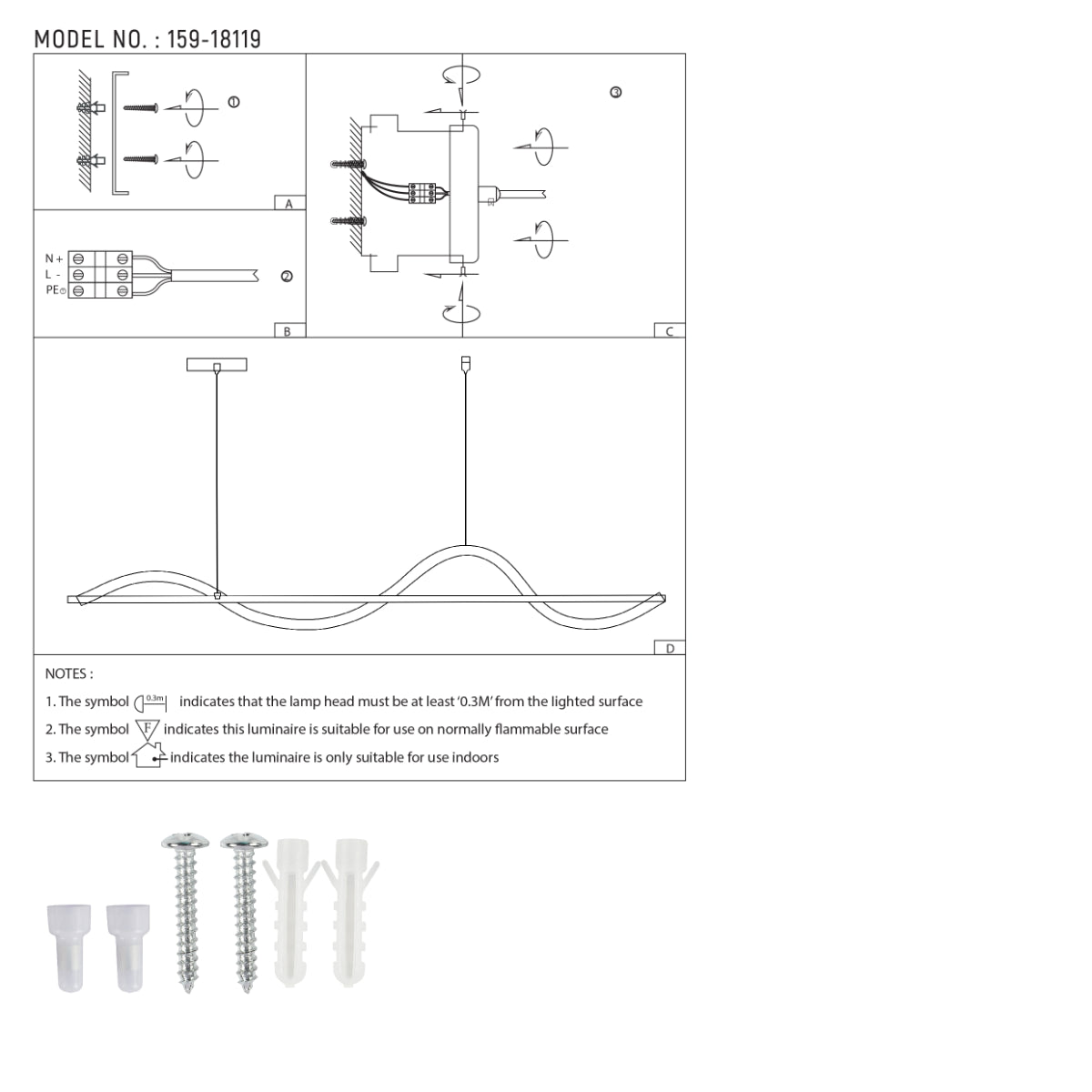 Dibujo técnico de la lámpara colgante LED Infinity Wave, mostrando dimensiones y detalles para instalación en espacios modernos.