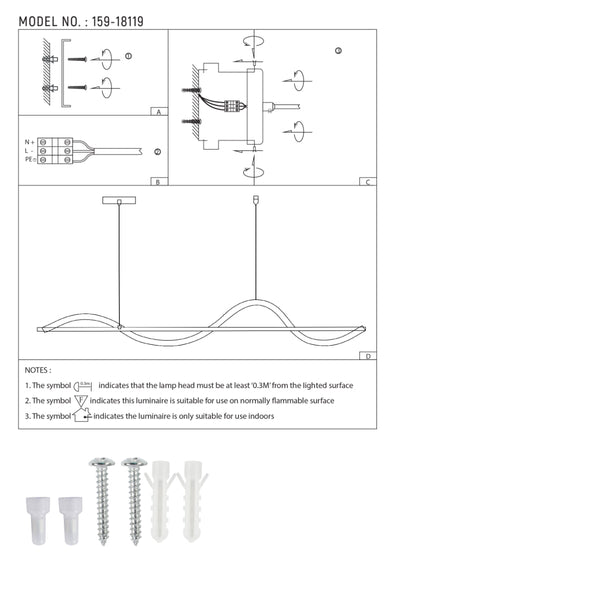 Dibujo técnico de la lámpara colgante LED Infinity Wave, mostrando dimensiones y detalles para instalación en espacios modernos.