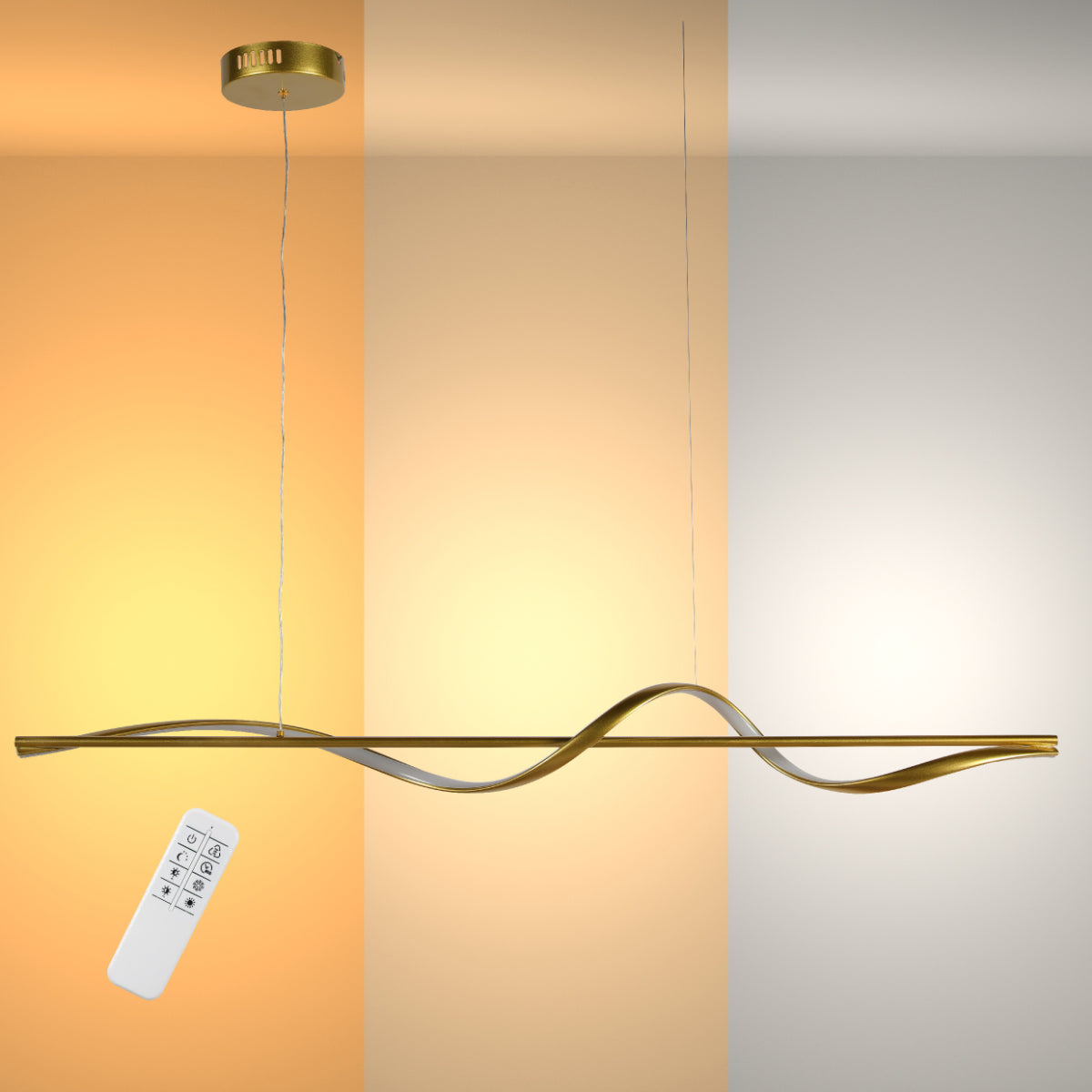 Luz colgante LED infinity wave, diseño moderno y elegante, perfecta para comedores o salas con decoración contemporánea.