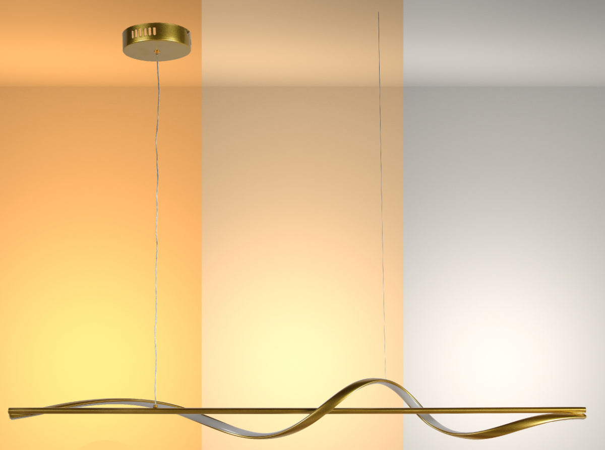 Luz colgante LED infinity wave, diseño moderno y elegante, perfecta para comedores o salas con decoración contemporánea.