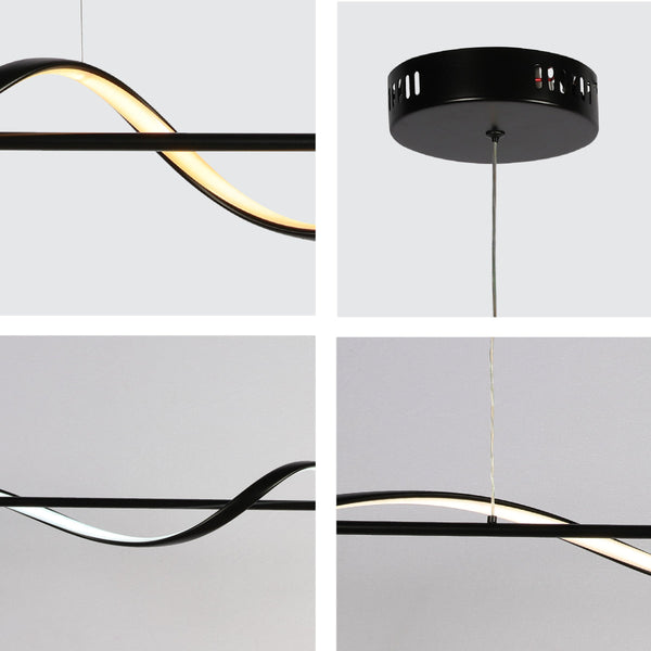 Primer plano de la elegante lámpara colgante LED en forma de ola, ideal para comedores modernos y contemporáneos.