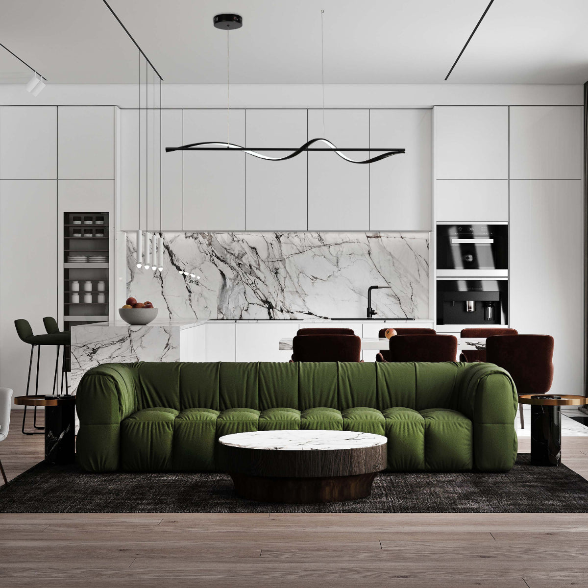 Luz colgante LED en forma de ola infinita, ideal para comedores modernos, fusionando elegancia y diseño contemporáneo.