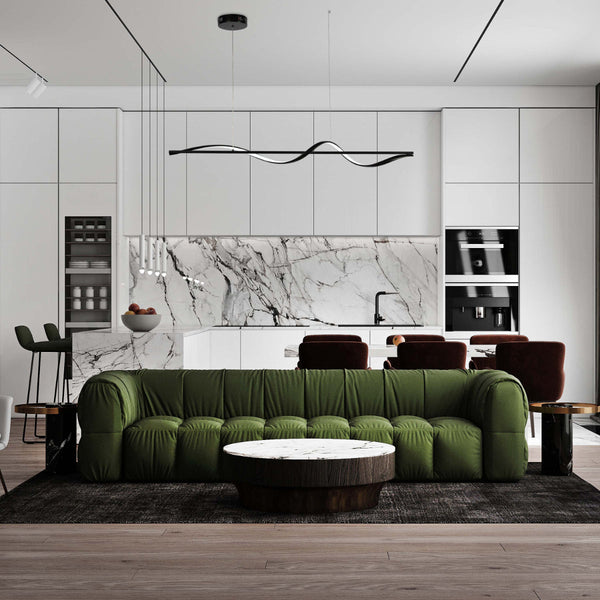 Luz colgante LED en forma de ola infinita, ideal para comedores modernos, fusionando elegancia y diseño contemporáneo.