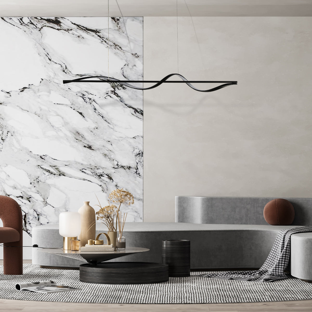 Lámpara colgante LED Infinity Wave, perfecta para comedores modernos, combinando elegancia y funcionalidad en un diseño contemporáneo.