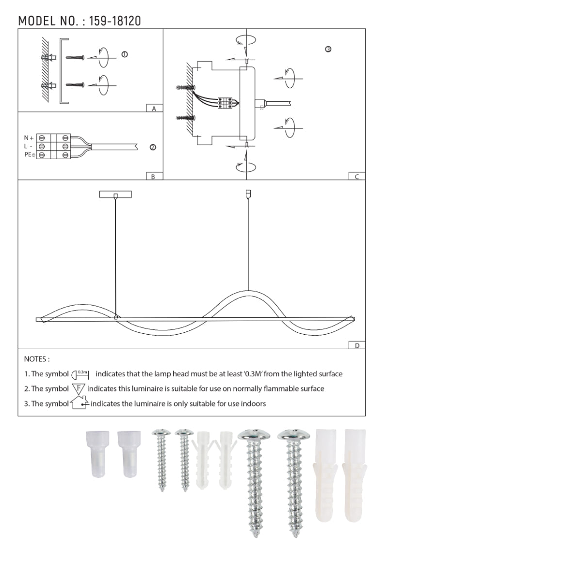 Dibujo técnico de la lámpara colgante LED Infinity Wave, mostrando dimensiones y detalles de instalación. Ideal para espacios modernos.