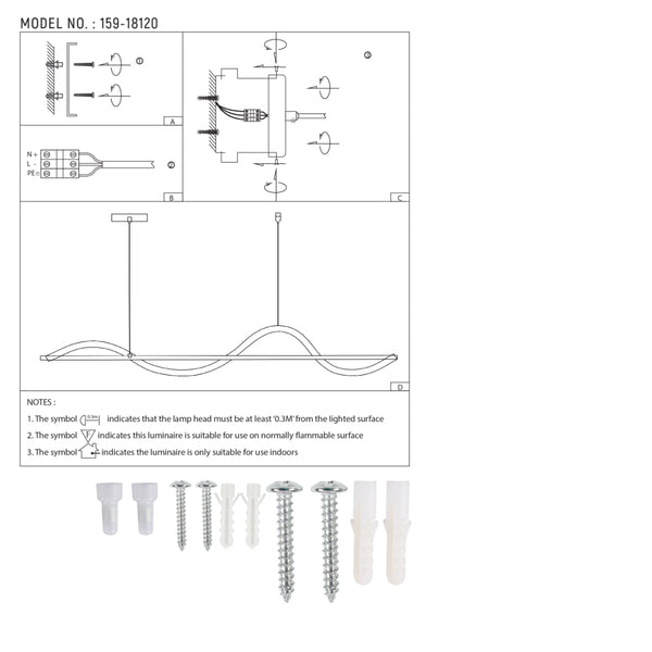 Dibujo técnico de la lámpara colgante LED Infinity Wave, mostrando dimensiones y detalles de instalación. Ideal para espacios modernos.