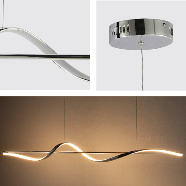Primer plano de una elegante lámpara colgante LED con diseño en forma de onda, perfecta para espacios modernos y contemporáneos.