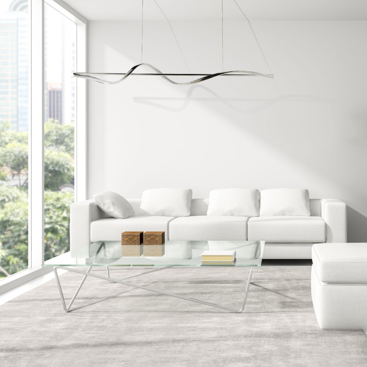 Luz colgante LED en forma de ola, perfecta para espacios modernos como comedores o salas, añadiendo un toque elegante y contemporáneo.