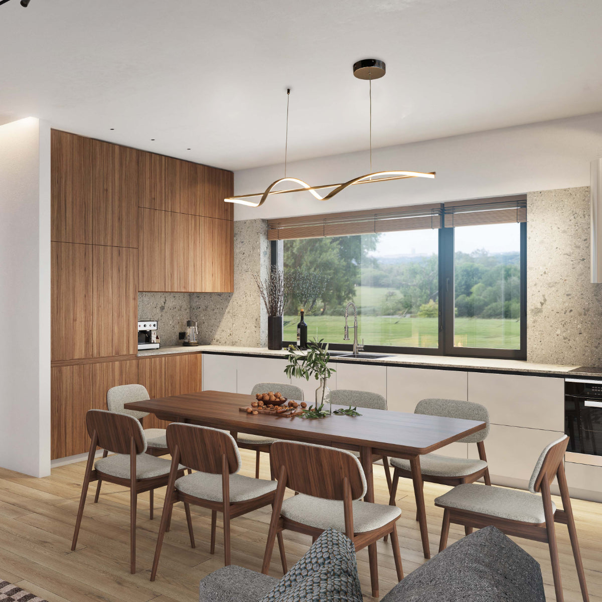 Luz colgante LED en forma de onda infinita, perfecta para espacios modernos y elegantes, ideal para comedores o salas de estar.