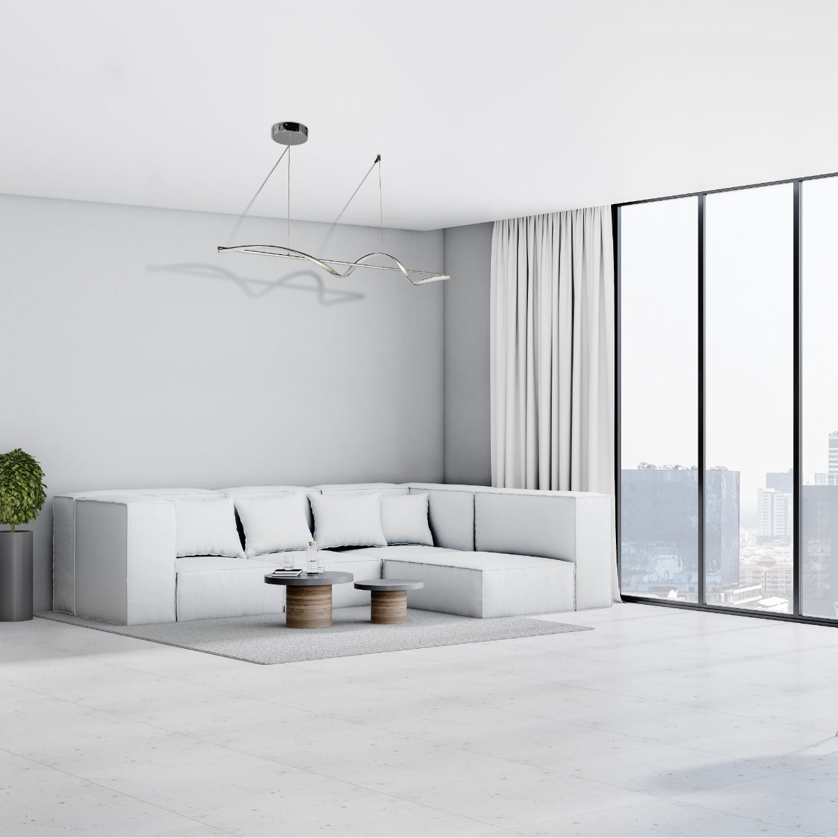 Lámpara colgante LED moderna con diseño ondulado, ideal para comedor en decoración contemporánea y minimalista.