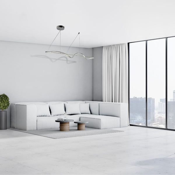 Lámpara colgante LED moderna con diseño ondulado, ideal para comedor en decoración contemporánea y minimalista.