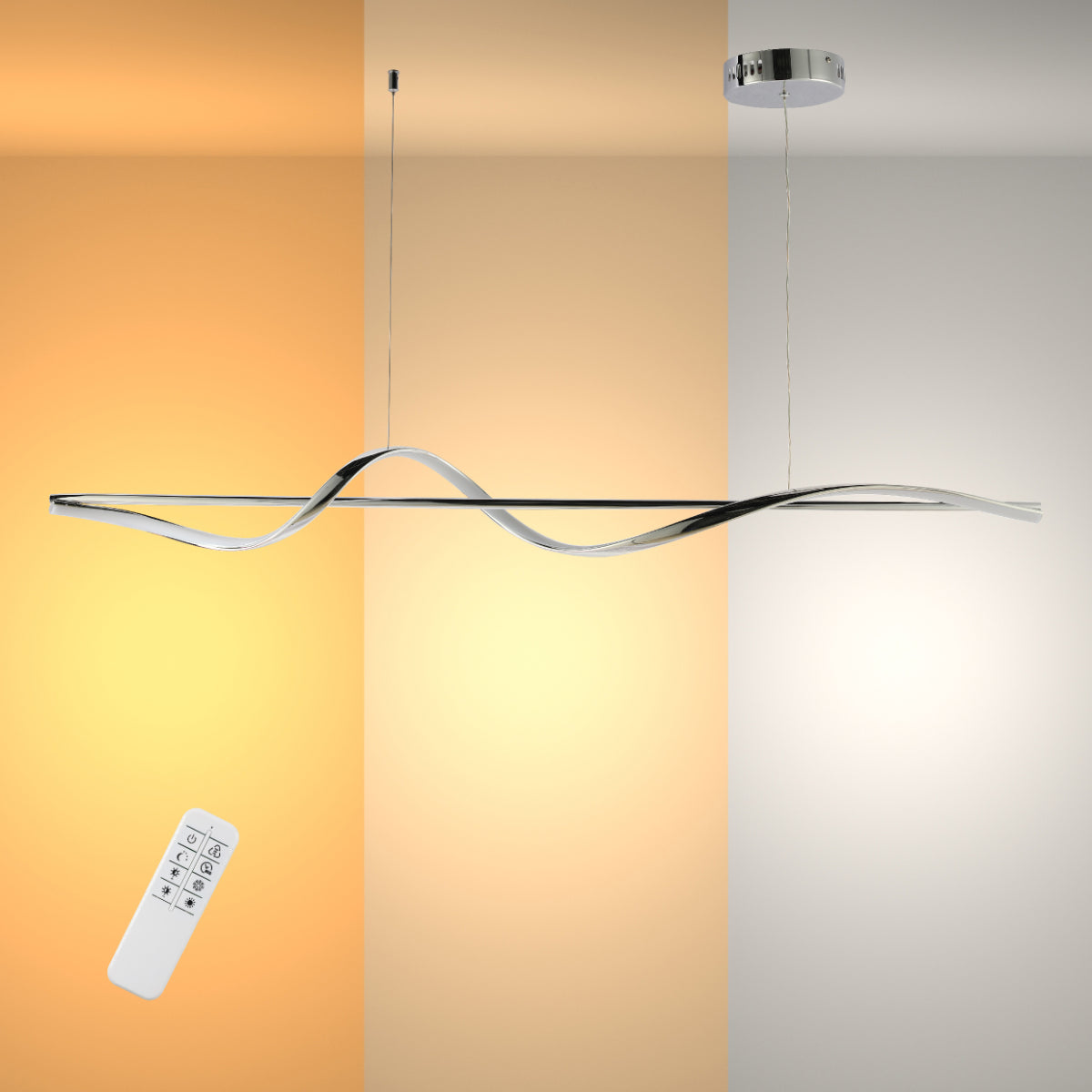 Lámpara colgante LED moderna en forma de onda, ideal para salones con decoración contemporánea y ambientes elegantes.