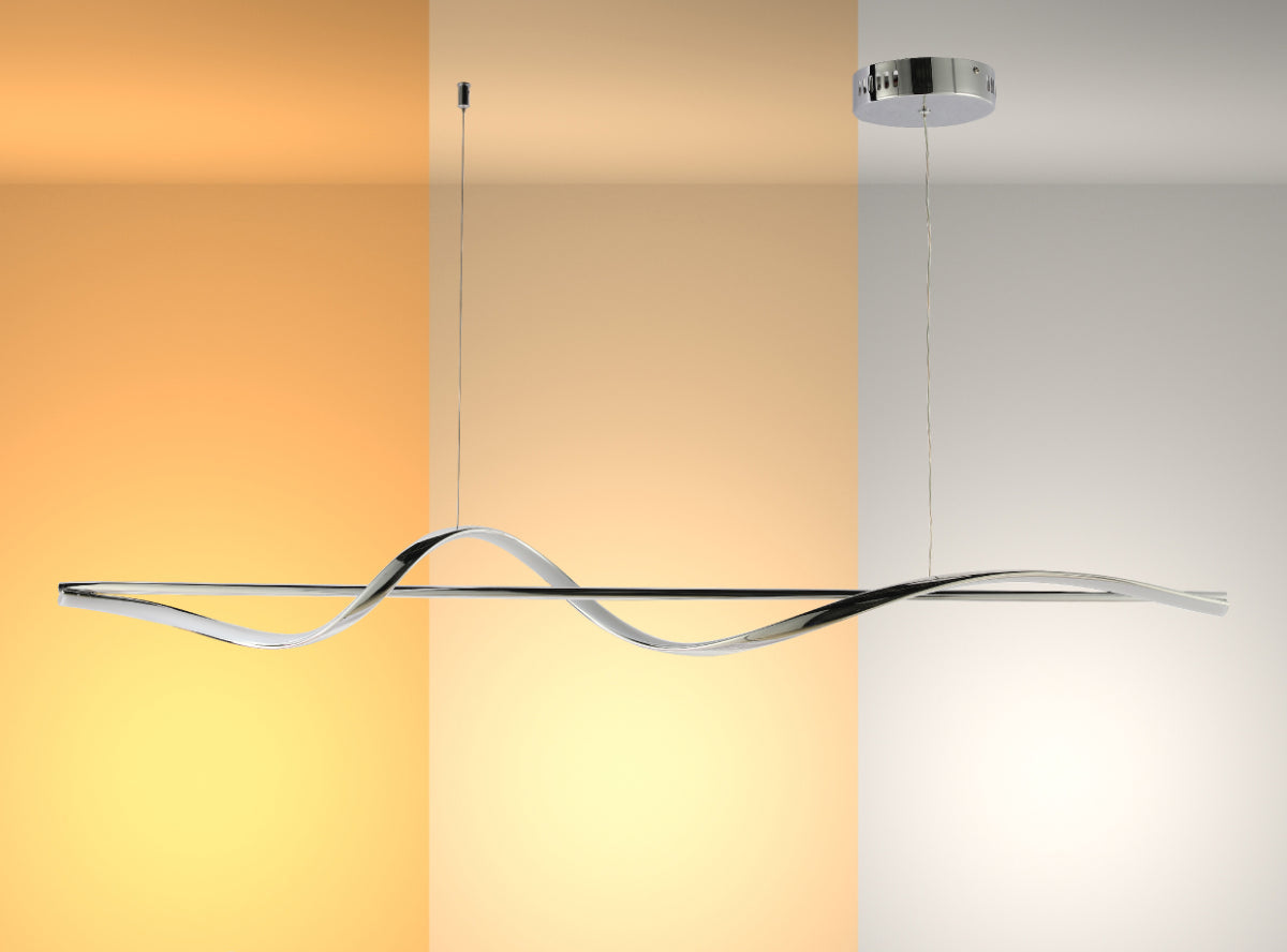 Lámpara colgante LED moderna en forma de onda, ideal para salones con decoración contemporánea y ambientes elegantes.
