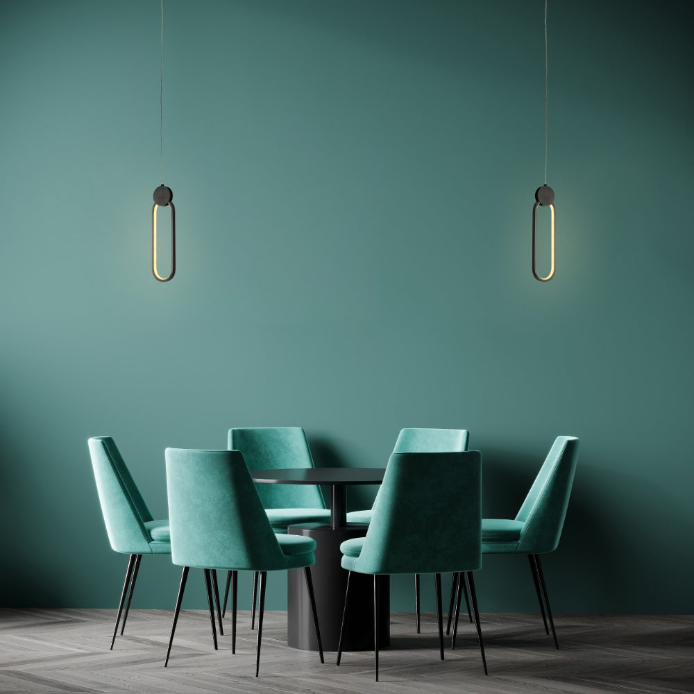 Lámpara colgante LED de anillo negro, perfecta para dormitorios modernos con estilo nórdico y control de temperatura de color.