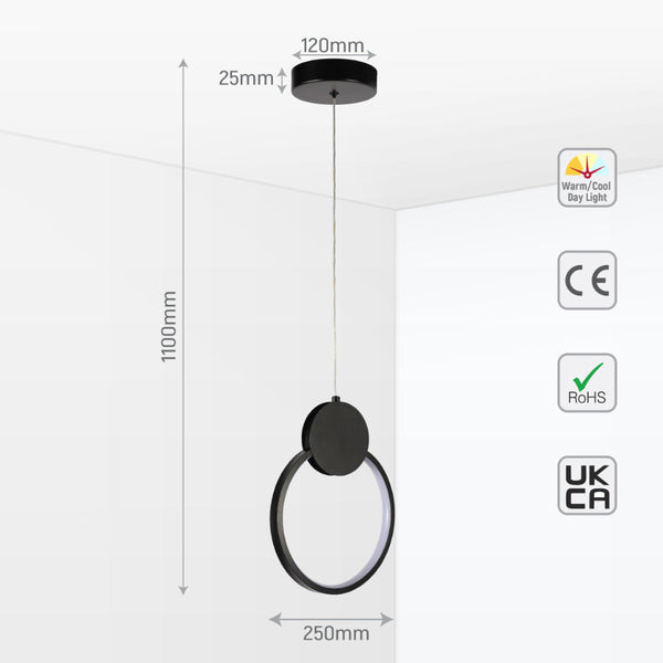 Luz colgante LED moderna de anillo negro, ideal para dormitorios con decoración nórdica y tecnología CCT ajustable.