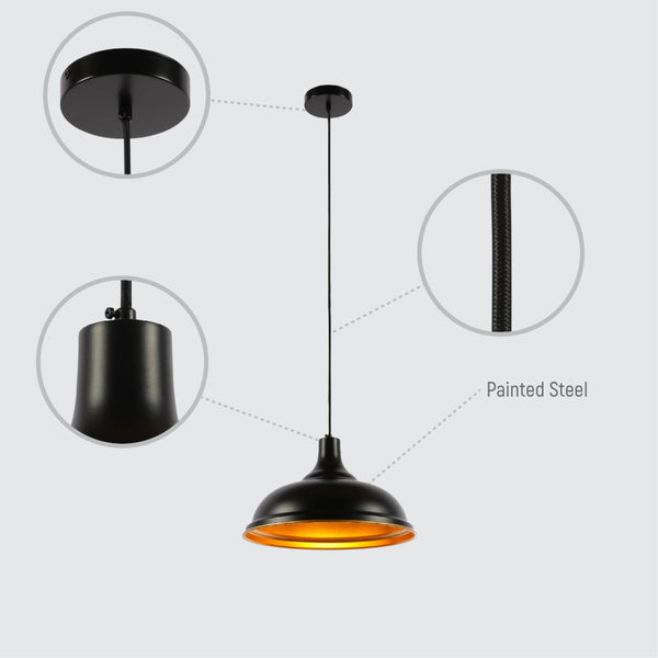 Luz colgante moderna de 38 cm con sombra metálica, ideal para salones contemporáneos y ambientes elegantes.