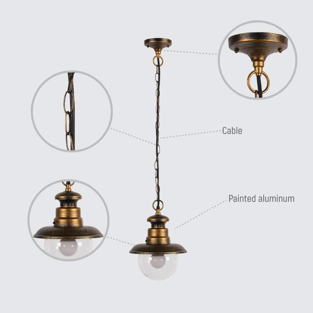 Lámpara colgante exterior en diseño negro con detalles dorados, ideal para terrazas y patios de estilo moderno.