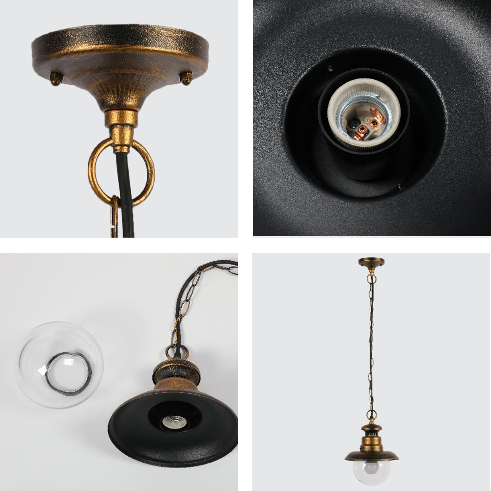 Lámpara colgante exterior en negro con detalles dorados, perfecta para porches o patios con estilo moderno y elegante.