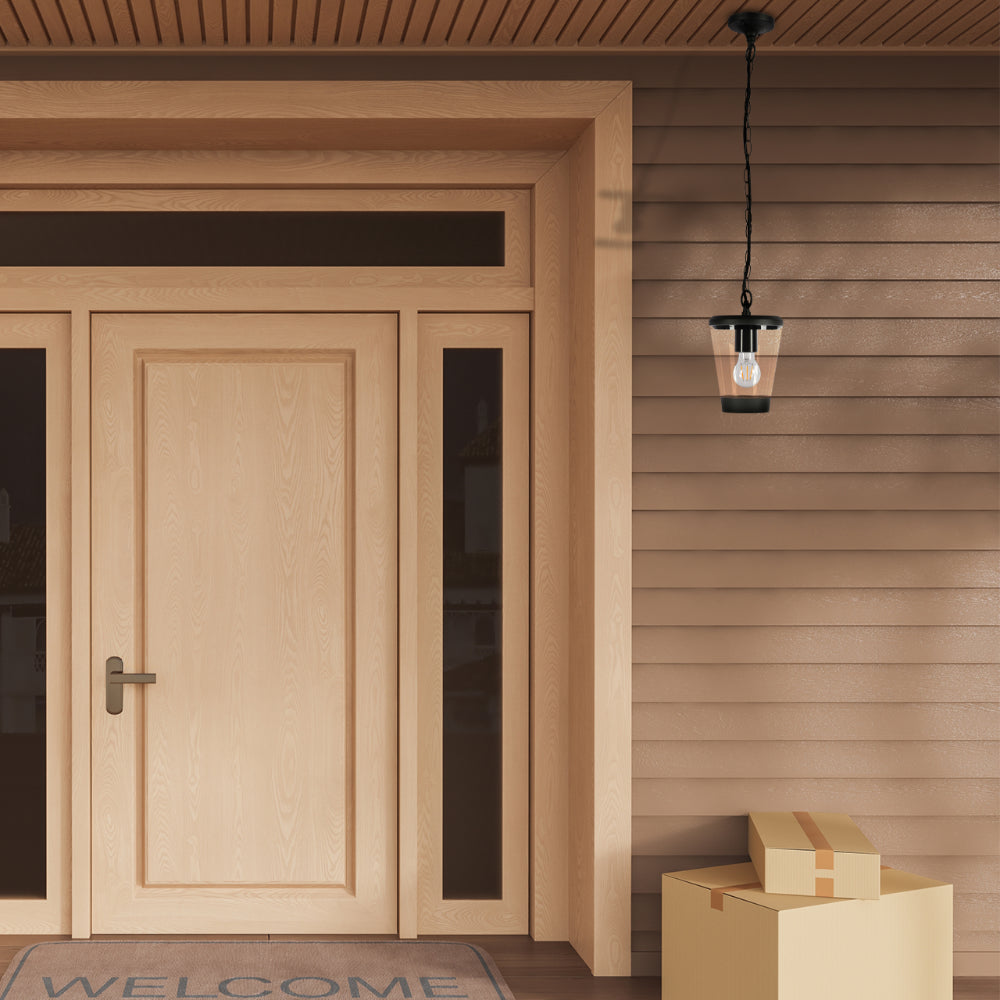 Lámpara colgante exterior de diseño moderno en gris oscuro, perfecta para patios o terrazas con estilo contemporáneo.