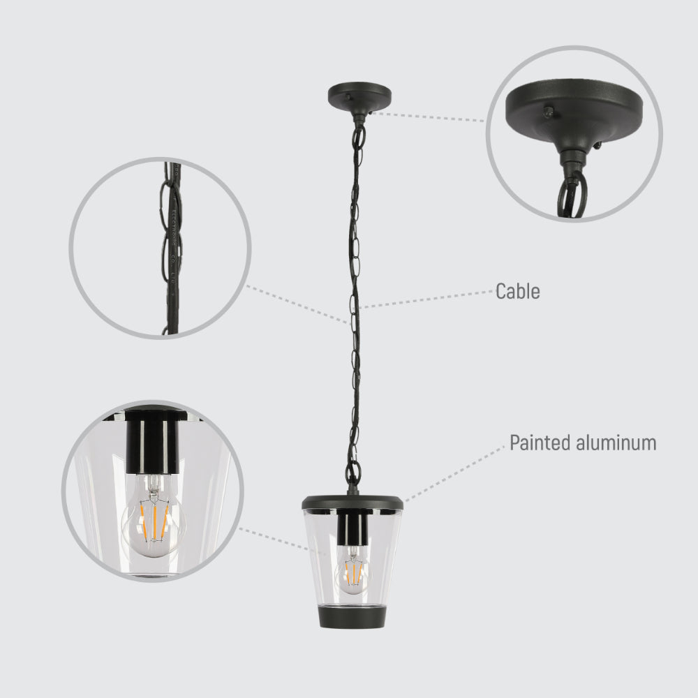 Lámpara colgante exterior en gris oscuro, ideal para patios modernos y decoraciones al aire libre. Estilo elegante y funcional.