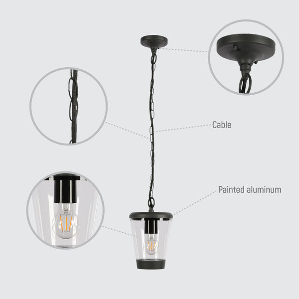 Lámpara colgante exterior en gris oscuro, ideal para patios modernos y decoraciones al aire libre. Estilo elegante y funcional.