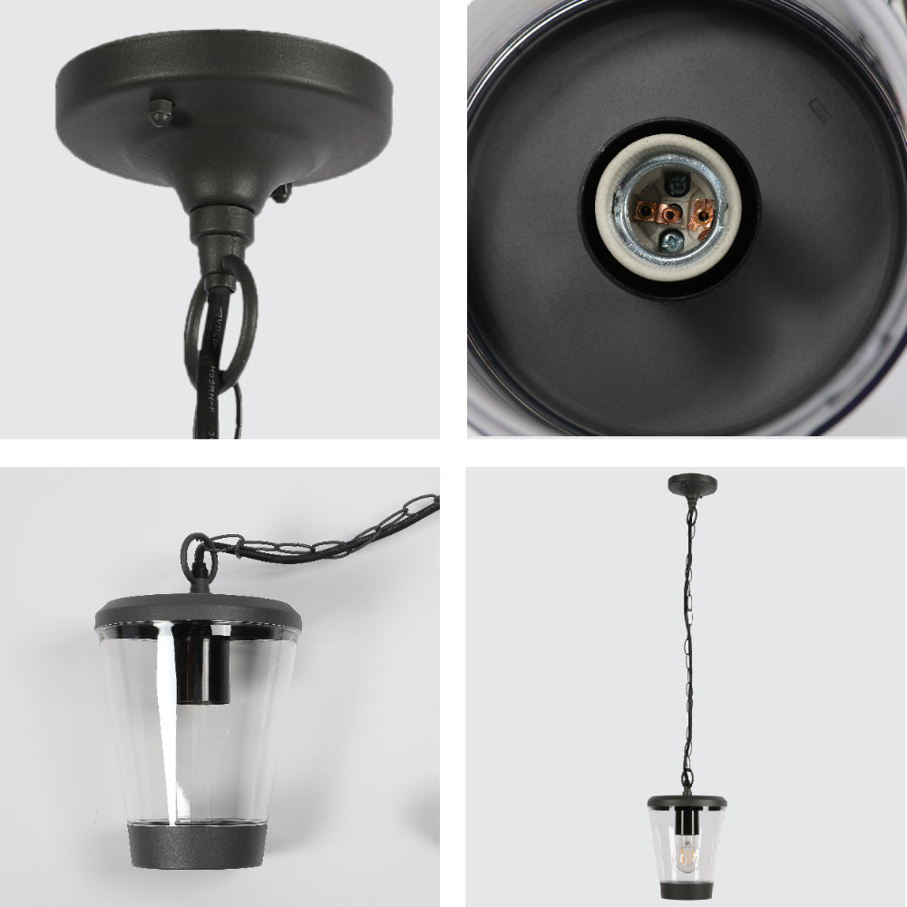 Lámpara colgante exterior de diseño moderno en gris oscuro, perfecta para terrazas o jardines con estilo contemporáneo.