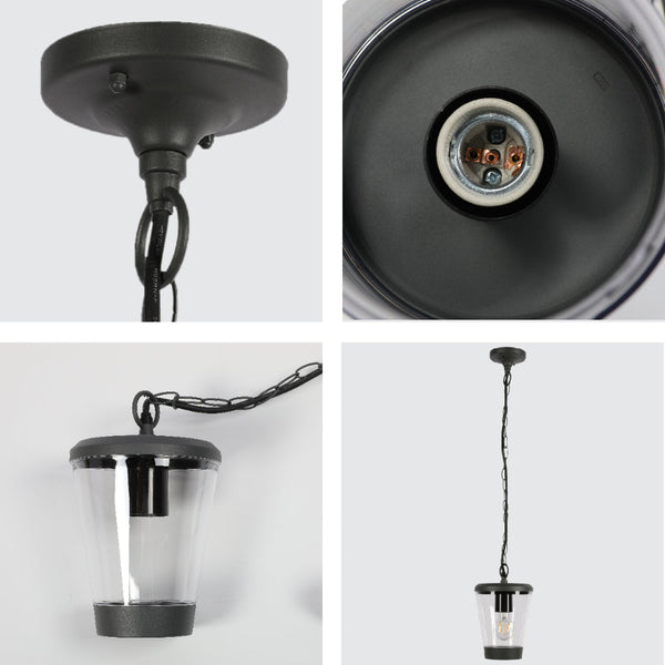 Lámpara colgante exterior de diseño moderno en gris oscuro, perfecta para terrazas o jardines con estilo contemporáneo.
