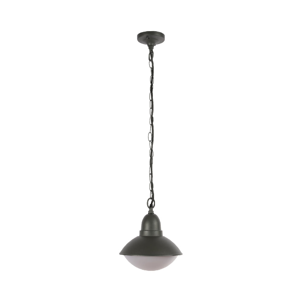 Lámpara colgante exterior con diseño contemporáneo en gris oscuro, perfecta para patios o terrazas modernas.