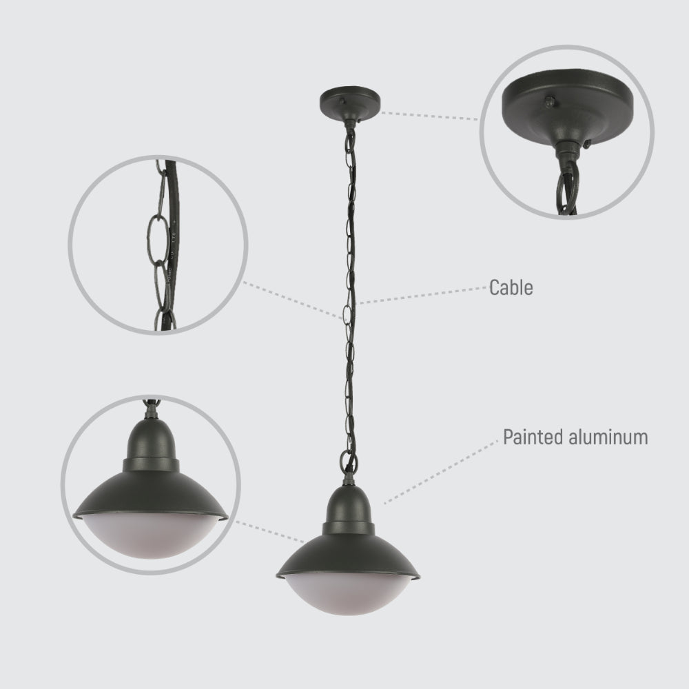 Lámpara colgante exterior de diseño moderno en gris oscuro, ideal para patios y espacios al aire libre con estilo contemporáneo.